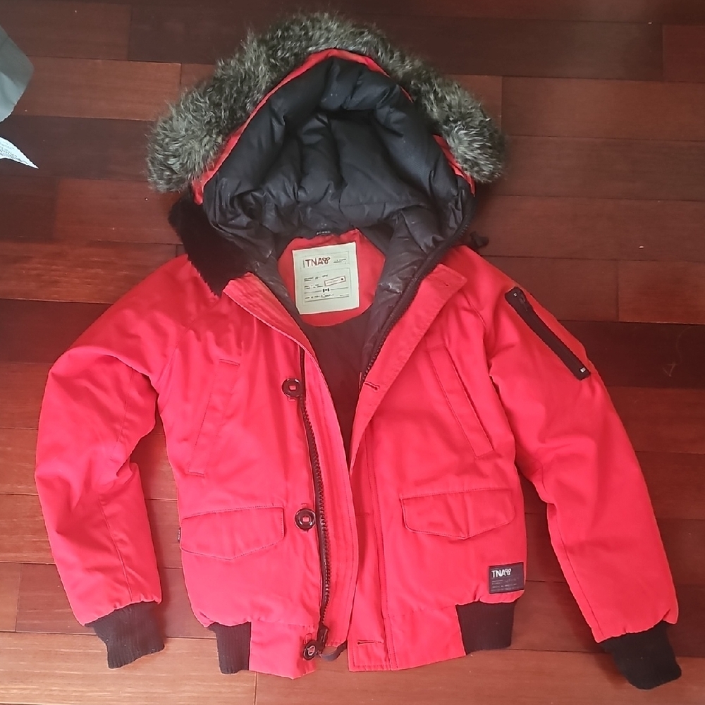 Aritzia TNA Red Puffer Jacket with Fur Hood